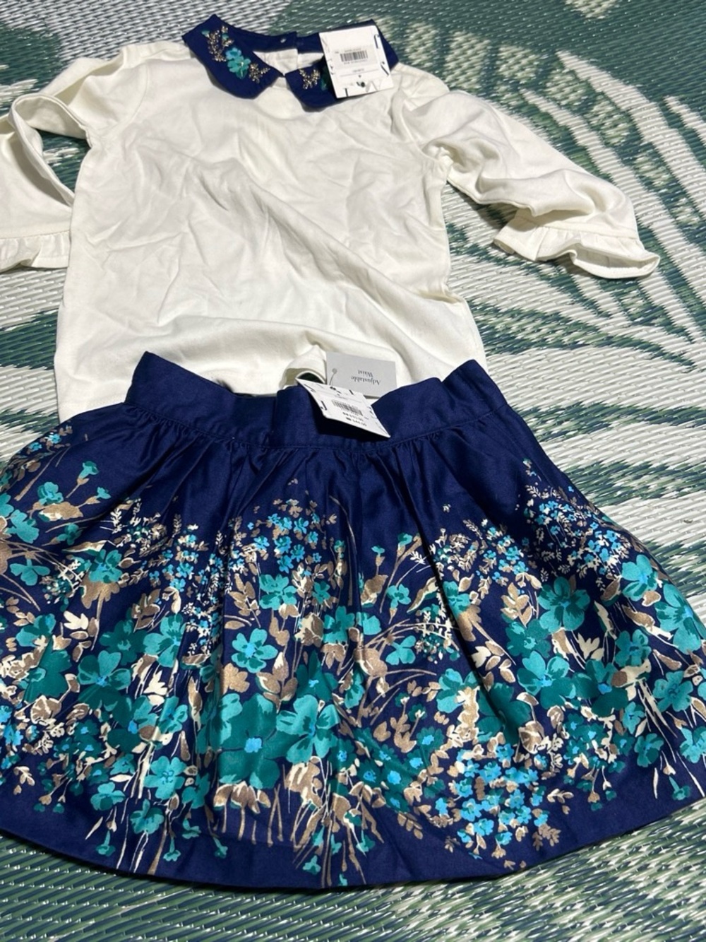 Janie and Jack Navy Floral Skirt & White Top Set